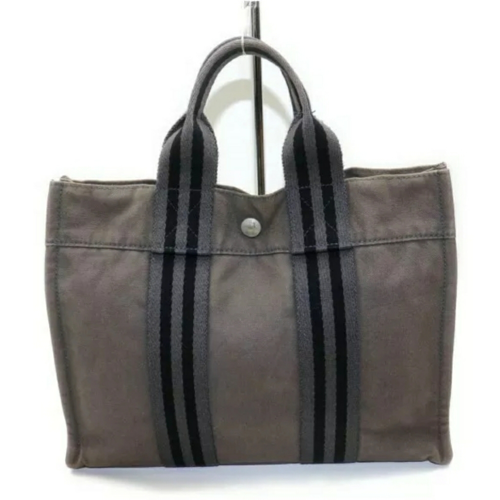 Authentic Hermes Tote Gray/Black Canvas